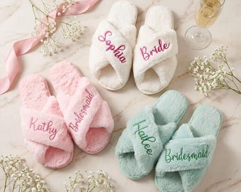 Personalized Embroidered Slippers, Custom Name Plush Slippers, Bridesmaid Gift, Wedding Party Gift, Cozy Gift For Her