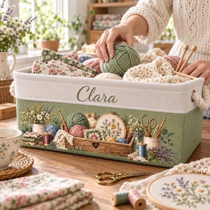 May include: A rectangular sage green and white fabric storage basket featuring the name Clara printed in dark green script. The exterior displays a printed design of yarn balls, embroidery hoops, scissors, and floral arrangements on a textured surface.