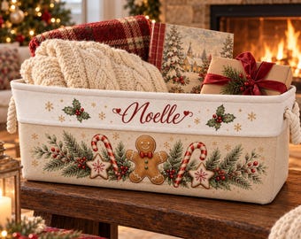 Personalized Christmas Basket, Custom Holiday Storage Basket, Christmas Book Basket, Name Embroidery Gift, Cozy Home Decor