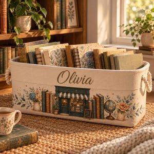 May include: A rectangular off-white fabric storage bin with rope handles, personalised with the name Olivia in cursive script. The exterior features a printed illustration of a bookstore storefront, stacks of books, a globe, and floral bouquets.