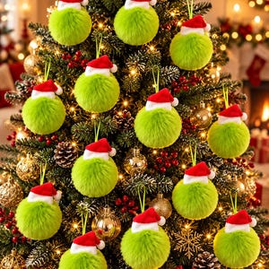 May include: A collection of round, lime green fuzzy pom-pom ornaments, each topped with a miniature red and white fabric Santa hat. These decorative ornaments feature thin green hanging loops and are displayed hanging from the branches of a Christmas tree.