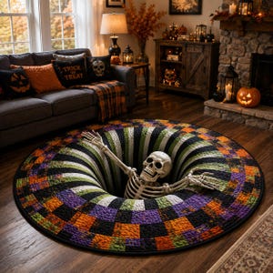 May include: A round rug featuring a 3D optical illusion of a deep hole with black, white, and green stripes. A human skeleton figure emerges from the center. The outer border consists of a checkered pattern in shades of orange, purple, and black.