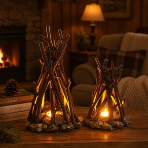 Puede incluir: Dos portavelas decorativos con forma de hogueras en miniatura, construidos con ramas de color marrón oscuro dispuestas en forma de tipi sobre una base de piedras grises, cada uno con una pequeña luz que imita una llama parpadeante.
