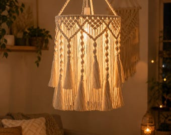 Pantalla de lámpara de macramé, cubierta para lámpara colgante estilo bohemio, pantalla de araña de algodón tejido