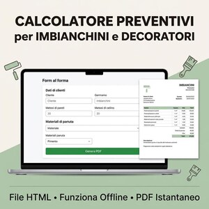 Può includere: Uno schermo di computer portatile che mostra un calcolatore digitale di preventivi per imbianchini e decoratori, con campi per dati cliente, misure di pareti e soffitti, materiali e un documento PDF generato.