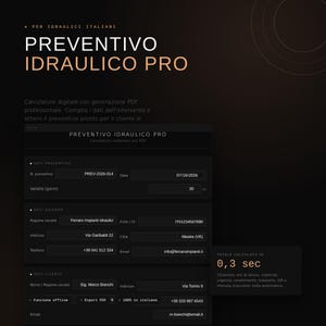 Puede incluir: Una interfaz digital titulada PREVENTIVO IDRAULICO PRO que presenta campos de entrada para datos de proyectos, detalles de la empresa e información del cliente. El software de tema oscuro incluye secciones para números de presupuesto y contactos.