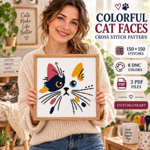 Puede incluir: Un patrón de punto de cruz enmarcado titulado Colorful Cat Faces que presenta una cabeza de gato estilizada con un diseño geométrico azul oscuro, amarillo y rosa sobre una cuadrícula blanca. El texto incluye 150x150 puntadas, 8 colores DMC y 3 archivos PDF.