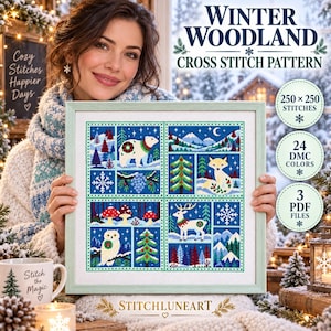 May include: A framed cross stitch pattern titled Winter Woodland featuring a grid of winter scenes with a polar bear, fox, owl, and deer. The design includes red mushrooms, pine trees, and snowflakes in blue, white, and green. Text includes 250x250 stitches, 24 DMC colors, and 3 PDF files.