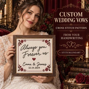 May include: A framed cross stitch pattern featuring the text Always you Forever us, the names Emma & James, and the date 10.14.2024 in black thread. The design includes a small red heart and red floral corner accents on a cream fabric background.