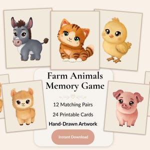 Puede incluir: Un juego de memoria de animales de granja con 24 tarjetas imprimibles que muestran ilustraciones dibujadas a mano de un burro, un gato atigrado, un pollito, dos alpacas y dos cerdos. El texto central dice Farm Animals Memory Game, 12 Matching Pairs, 24 Printable Cards, Hand-Drawn Artwork e Instant Download.