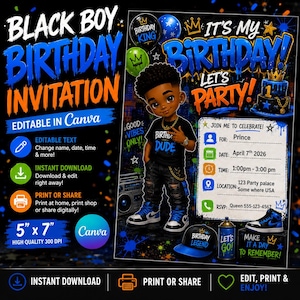 May include: A 5 inch by 7 inch digital birthday invitation template featuring a cartoon boy wearing a black t-shirt, distressed jeans, and blue sneakers. The design includes text such as Black Boy Birthday Invitation, It's My Birthday, Let's Party, and placeholders for event details like name, date, time, and location. The background is dark with blue and orange paint splatters and graphic elements like balloons, a cake, and a boombox.