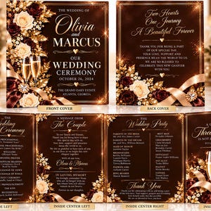 Puede incluir: Un conjunto de programas de boda con fondo marrón oscuro, detalles dorados, rosas color crema y burdeos, y copas de champán. El texto incluye los nombres Olivia y Marcus, la fecha 26 de octubre de 2024, y detalles de la ceremonia, cortejo y agradecimientos.