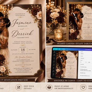 May include: A 5x7 inch editable wedding invitation template featuring a cream background with dark burgundy and champagne roses, gold foliage, and a photo of a couple. The design includes elegant script text and is shown in a frame and on a tablet.