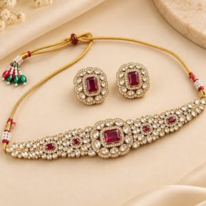 May include: A gold-toned choker necklace and matching stud earrings set featuring rectangular deep red center stones surrounded by clear white crystals. The necklace includes an adjustable gold cord with decorative red and green bead accents.