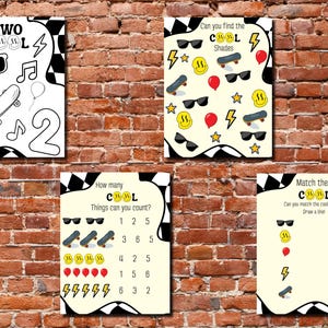 May include: Four educational activity sheets featuring a black and white checkered border. The pages include illustrations of skateboards, sunglasses, lightning bolts, balloons, and smiley faces with text such as Two Cool, Can you find the Cool Shades, How many Things can you count, and Match the Cool things.