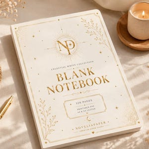 May include: A rectangular notebook with a cream-colored cover featuring gold foil celestial-themed illustrations and text. The cover displays the letters NP, the words Celestial White Collection, Blank Notebook, 120 Pages, Printable PDF, A4 & US Letter, and Noveliapaper.