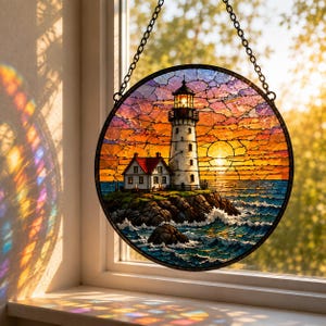 May include: A circular stained glass suncatcher featuring a lighthouse and a house on a rocky cliff overlooking a turbulent blue ocean. The sky is a vibrant sunset of orange, yellow, and purple hues. The piece hangs from a black metal chain.