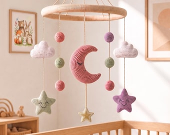 Móvil de ganchillo para bebé, ideal para la decoración neutra de la habitación infantil, regalo perfecto para baby shower con temática de luna y estrellas.