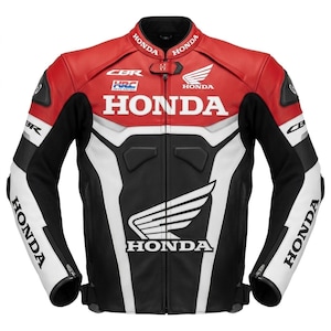 Könnte beinhalten: Eine rot-weiß-schwarze Motorradjacke mit Honda-Logo auf Brust, Rücken und Ärmeln. Die Jacke verfügt über CBR- und HRC-Schriftzüge, einen durchgehenden Frontreißverschluss, einen Druckknopfkragen sowie schützende Polsterungen an den Schultern.
