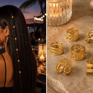 Può includere: Una collezione di sei anelli per capelli in metallo color oro con vari motivi traforati complessi e superfici testurizzate. Questi piccoli accessori cilindrici sono progettati per essere fissati alle ciocche di capelli per decorazione.