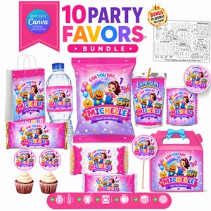 May include: A party favor bundle featuring pink and purple themed items with the text "10 PARTY FAVORS BUNDLE" and "CAN YOU SAY... MICHELLE". Includes a gift bag, water bottle label, chip bag, juice pouch, snack wrappers, cupcake toppers, and a box.