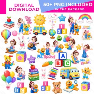 May include: A digital download collection featuring Ms. Rachel characters, a yellow school bus, colorful alphabet blocks, a globe, a rainbow, balloons, books, pencils, a teddy bear, a bunny, and various educational icons with text elements.
