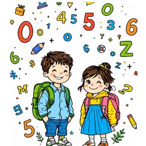 Puede incluir: Una ilustración de dibujos animados de dos niños de pie uno al lado del otro con mochilas. El niño viste una camisa azul claro y pantalones azules, mientras que la niña viste una sudadera con capucha amarilla y un vestido azul. Números, letras y lápices de colores flotan a su alrededor.