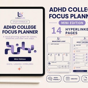 Puede incluir: Un planificador digital ADHD College Focus Planner Mini Edition en una pantalla de tableta, con 14 páginas con hipervínculos, una sección de vaciado y clasificación mental, y un diseño de desglose de microtareas en morado y azul.