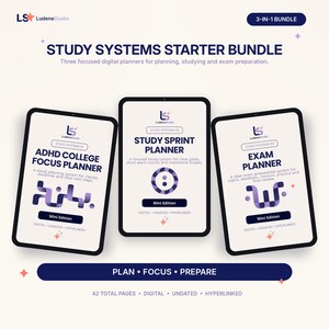 Puede incluir: Un paquete digital 3 en 1 de sistemas de estudio que incluye tres planificadores: ADHD College Focus Planner, Study Sprint Planner y Exam Planner. Cada interfaz tipo tableta muestra el logotipo de LudenaStudio, etiquetas y texto.