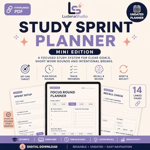 Puede incluir: Un planificador digital Study Sprint Planner Mini Edition de LudenaStudio con 14 páginas vinculadas. El diseño incluye secciones para configuración de sprint, planificación de rondas de enfoque y revisiones con iconos para metas y progreso.