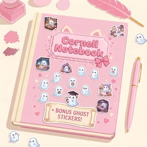 Kawaii Cornell Notes Digital Study Notebook, 30 Pages + 20 Ghost PNG Stickers