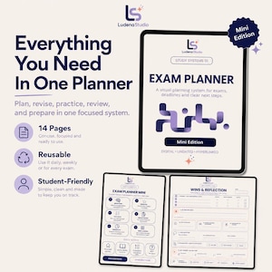 Könnte beinhalten: Ein digitaler Prüfungsplaner von Ludena Studio mit einer 14-seitigen Mini-Ausgabe. Die Benutzeroberfläche umfasst eine Titelseite mit dem Text Exam Planner, ein Lernsystem-Dashboard und eine Reflexionsseite. Es ist ein wiederverwendbares, verlinktes und undatiertes System, das Schülern hilft, ihre Lernfortschritte zu planen, zu überarbeiten, zu üben und zu überprüfen.