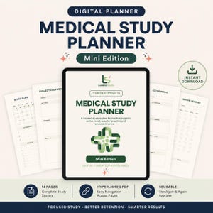 Puede incluir: Un planificador de estudios médicos digital edición mini con una pantalla de tableta central que muestra un logotipo de cruz verde y texto que incluye Medical Study Planner, Career Systems 01 y Ludena Studio. Las páginas circundantes muestran diseños de plan de estudio, resumen de temas, recuerdo activo y rastreador de revisión.
