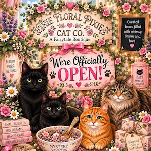 May include: A digital illustration featuring four cats: two black, one orange tabby, and one brown tabby. A bowl labeled Mystery Scoops sits in the center with a gold spoon. Signs read The Floral Pixie Cat Co., We're Officially OPEN!, and Bloom Purr Be Kind.