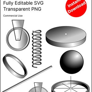 Op de afbeelding: Een digitaal pakket genaamd CKatsStudio Physics Mechanics Bundle met 30 SVG- en 30 PNG-bestanden. De afbeelding toont diverse natuurkundige illustraties, waaronder een veer, een bol, een staaf, wielen en schijven in grijstinten.