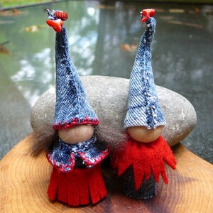 Blue Jean Gnome Peg Doll Children, Waldorf Wooden  Peg Dolls, Upcycled  Miniature Doll
