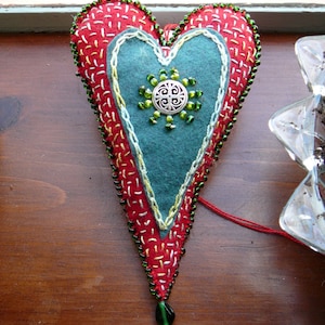 Celtic Hanging Heart, Waldorf Inspired Heart, One of a Kind Heart Ornament Red and Green Heart image 4