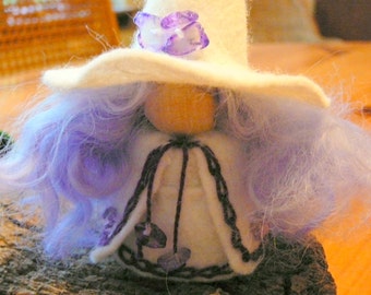 White & Amethyst Wool Felt Witch,  Peg Doll Witch, Waldorf Inspired, Miniature Witch, Art Doll