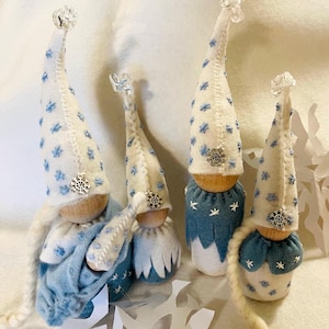 Snow Gnome Family of 5, Winter Peg Dolls, Handmade Waldorf Gnome, One of a Kind, Art Doll