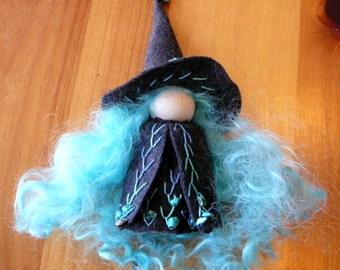 Turquoise and Black Witch Peg Doll, Waldorf Wooden Peg Doll, Handmade Miniature