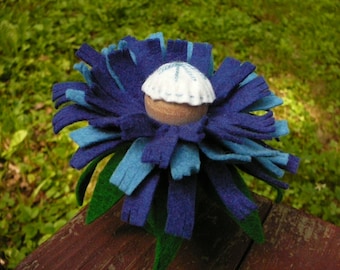 Blue Peg Doll Flower Fairy, Waldorf Inspired, Large Wool Felt Fairy,