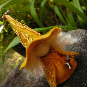 Yellow Wool Felt Witch, Peg Doll Witch, Waldorf Inspired, One of a Kind, Minature Witch