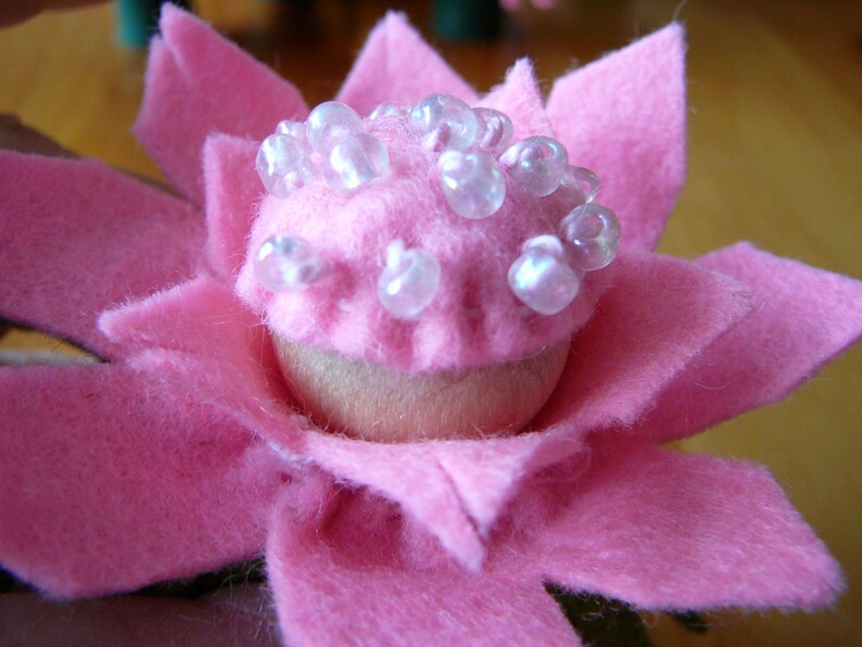 Pink Beaded Peg Doll Flower Fairy, Waldorf Inspired, Small Wool Felt Flower Fairy, image 2