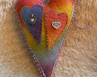 Rainbow Felt Hanging Heart, Plant dyed Heart, Waldorf Heart, One of a Kind Heart Ornament