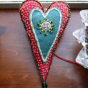 Celtic Hanging Heart, Waldorf Inspired Heart, One of a Kind Heart Ornament Red and Green Heart image 2