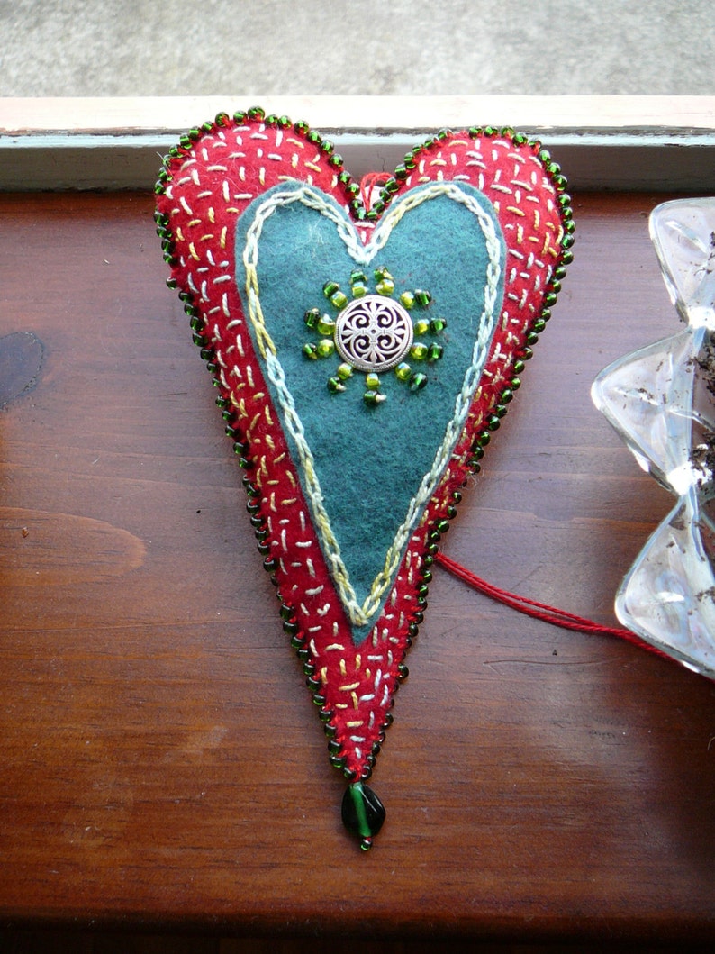 Celtic Hanging Heart, Waldorf Inspired Heart, One of a Kind Heart Ornament Red and Green Heart image 2