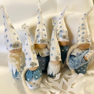 Snow Gnome Family, Winter Peg Dolls, Handmade Waldorf Gnome, One of a Kind, Art Doll