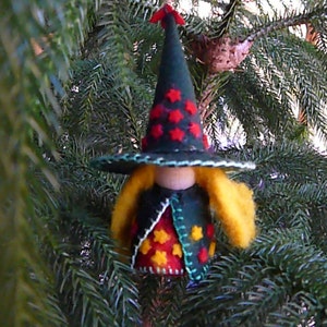 Starry Wool Felt Witch, Peg Doll Witch, Waldorf Inspired, One of a Kind, Miniature Witch, Art Doll