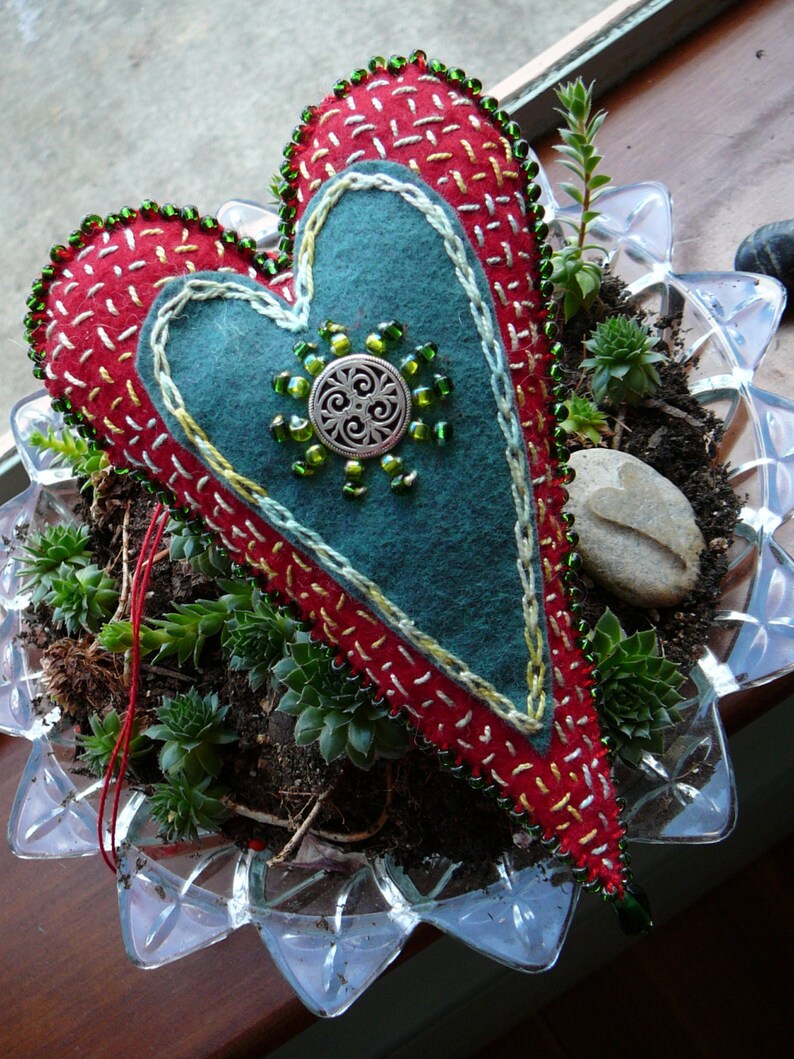 Celtic Hanging Heart, Waldorf Inspired Heart, One of a Kind Heart Ornament Red and Green Heart image 3