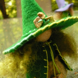 Green Wool Felt Witch, Peg Doll Witch, Waldorf Inspired, One of a Kind, Minature Witch